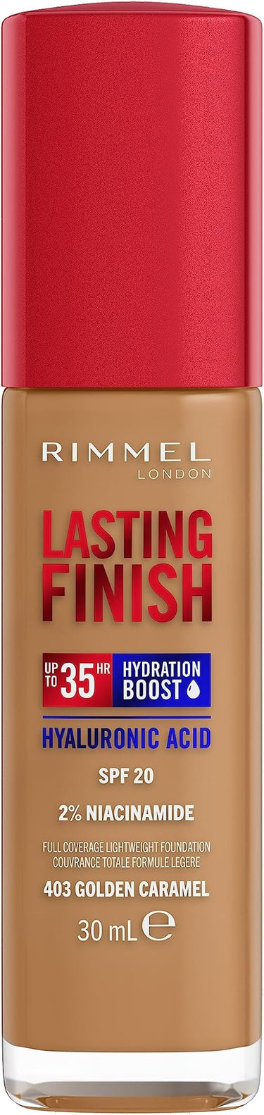 Rimmel London Lasting Finish 35H, 403 Golden Caramel, fondotinta, lunga tenuta, idratante, formula vegana, alta coprenza, 30ml